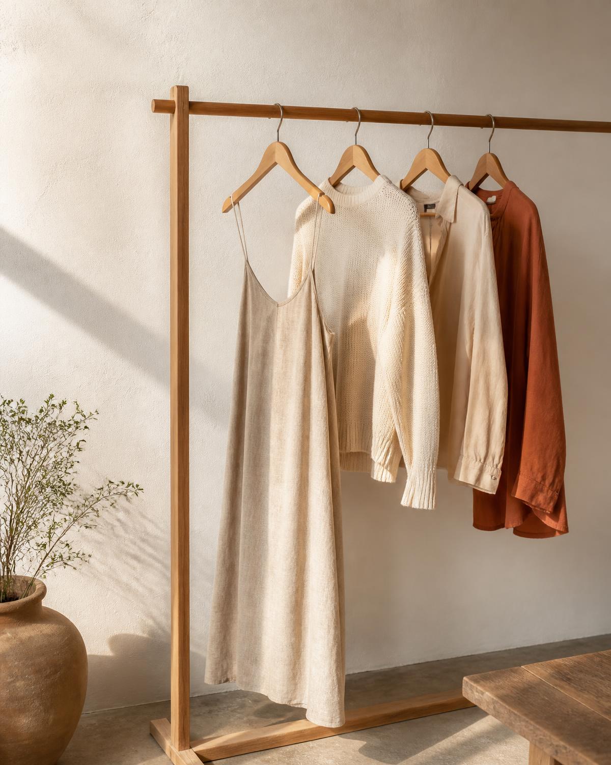 Arara de madeira com peças de brechó em tons neutros: vestido de linho, tricô creme, camisa bege e camisa terracota